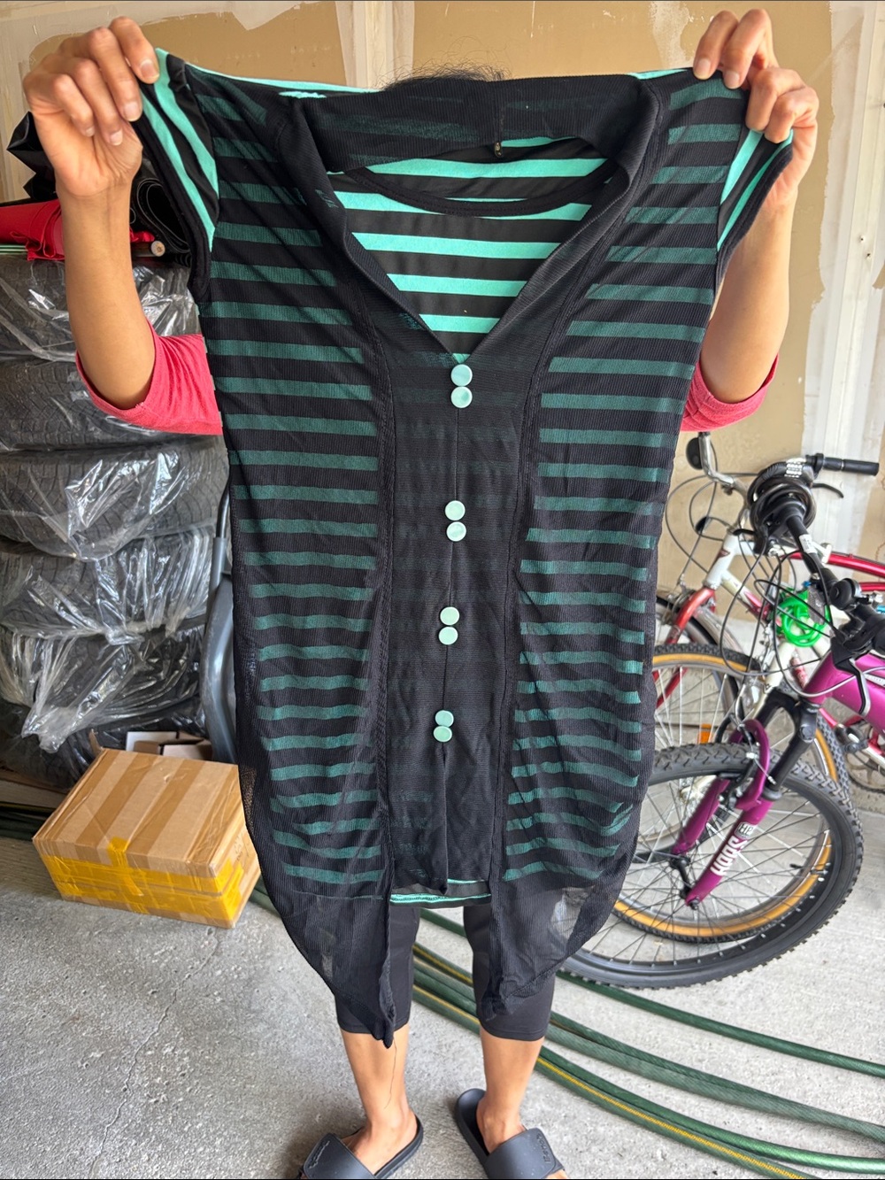Black and Teal Striped Women’s Button Front Top
